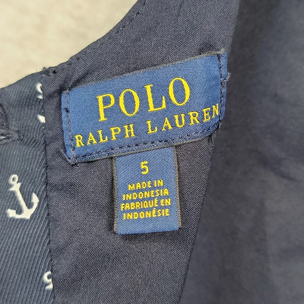 Polo Ralph Lauren Girls Anchor‎ Print Navy Twill Dress Red Ribbon Sz 5 Nautical